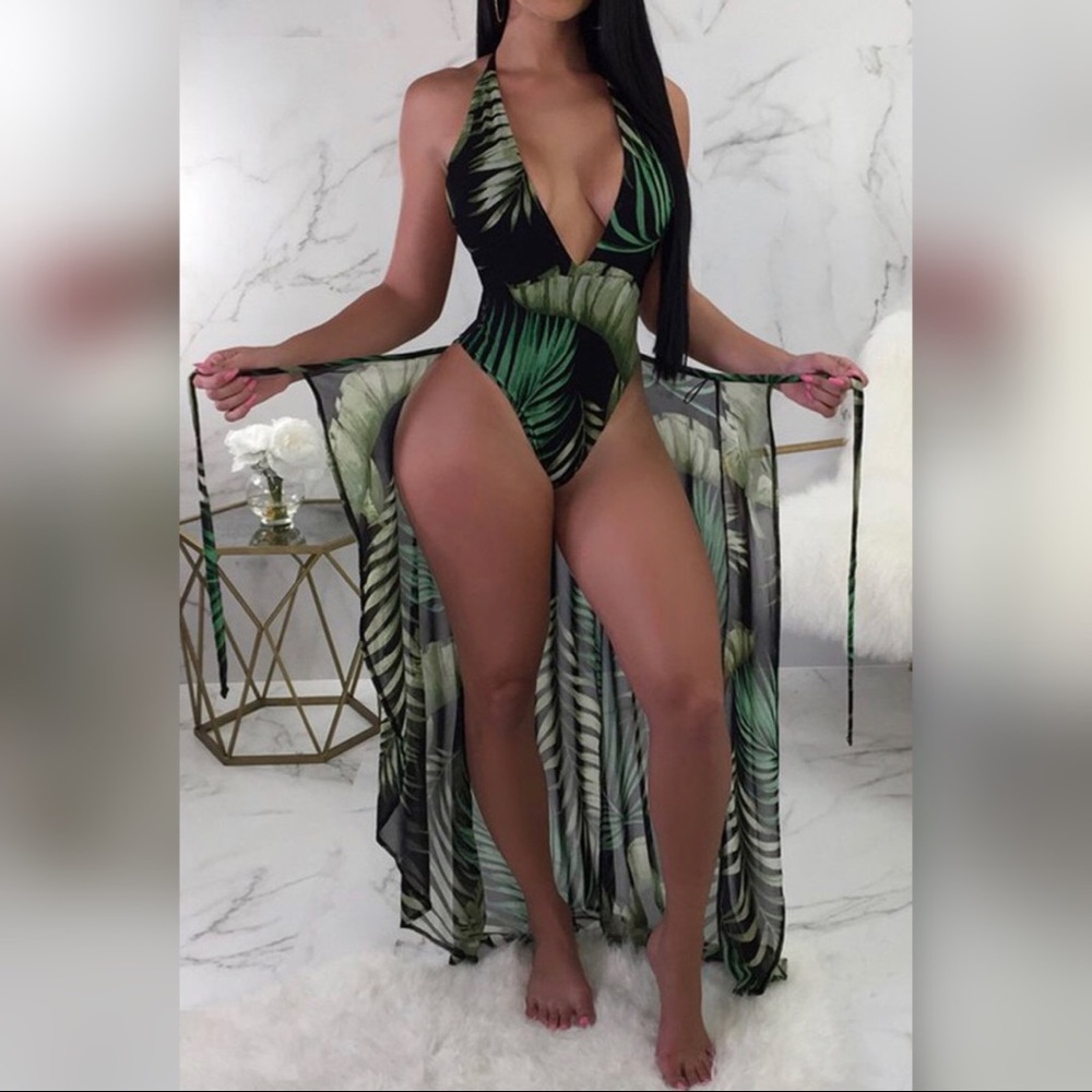 Cheeky Leaf Print One Piece Bikini and Cover Up